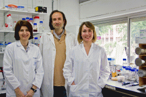 Encarnación Mellado, investigadora de la Facultad de Farmacia junto a David Cánovas y Almudena Escobar, investigadores de la Facultad de Biología de la US