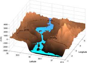 Vista tridimensional del mar de Alborán con el nivel del agua después de 15 días de inundación. / US