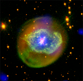 Esta imagen combina información en rayos X obtenida en 2013 con el telescopio espacial XMM-Newton (azul), con observaciones en óptico con filtros especiales que revelan el brillo del oxígeno (verde) y el helio (rojo). Los datos en el óptico se obtuvieron en 2014 con el telescopio NOT de La Palma.