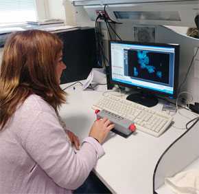 La investigadora Elena Fernández observando imágenes de células tomadas con el microscopio para estudiar el efecto de LRRK2 sobre ellas.