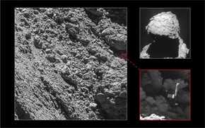 Philae ha aparecido en estas imágenes tomadas por la cámara OSIRIS el 2 de septiembre de 2016 desde una distancia de 2,7 km. La escala de la fotografía es de 5 cm/pixel. En ella pueden verse el cuerpo y dos de las tres patas del aterrizador. Arriba a la derecha,una imagen tomada por Rosetta el 16 de abril de 2015 con la localización aproximada de Philae. ´rédito: ESA