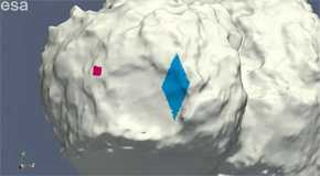 Lugar donde estaba previsto aterrizar (en rojo) y zona donde rebotó Philae (en azul) sobre el cometa 67P/CG. / ESA