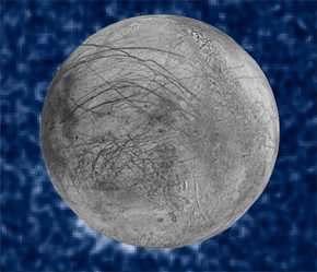 Posibles penachos gigantes de vapor de agua (píxeles en blanco) emanan al sur de la luna Europa. / NASA/ESA/W. Sparks (STScI)/USGS Astrogeology Science Center
