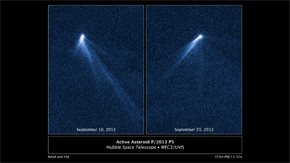 Imágenes del telescopio espacial Hubble del asteroide activado P/2013P5, donde se aprecia la cola de polvo. Fuente: NASA/ESA. 
