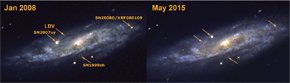 Imágenes de la galaxia NGC2770. A la izquierda, se señala la posición de la estrella variable luminosa azul (LBV) que en mayo de 2015 sufrió la explosión estudiada y que destaca en la imagen de la derecha. / IAA (CSIC)