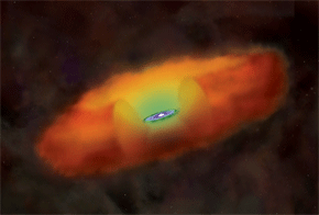 Ilustración de un núcleo activo de galaxia, con agujero negro central rodeado de un disco de acrecimiento y una estructura de polvo externa con forma de rosquilla. / NASA/CSC/M.Weiss