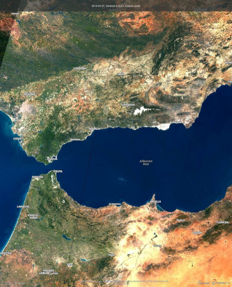 Imagen de Andalucía tomada por el Sentinel 3 de Copernicus.