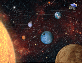 Impresión artística del telescopio espacial PLATO de la ESA observando nuevos y exóticos mundos, un sistema planetario con planetas gigantes gaseosos y planetas similares a la Tierra – y varias estrellas distantes con planetas orbitando a su alrededor. Créditos: DLR (Susanne Pieth).