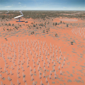 Concepción artística del área de Murchinson (Australia) que albergará cientos de miles de antenas de frecuencia baja. https://www.skatelescope.org/multimedia/image/low-frequency-array-ska-wide-field/